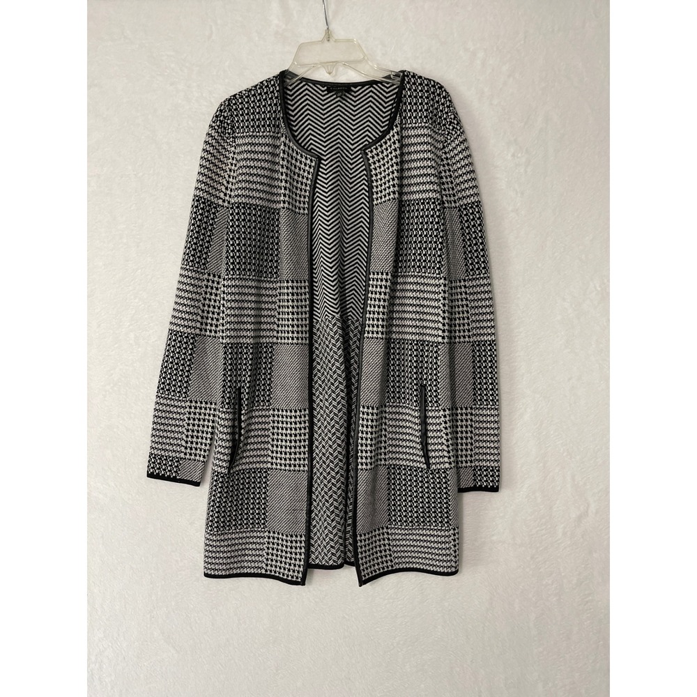 Talbots Womens XS Black White Houndstooth Plaid Open Front Cardigan Jacket